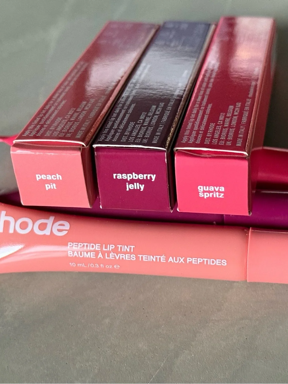 rhode skin Peptide Lip Tint Trio — Peach Pit + Raspberry Jelly + Guava Spritz